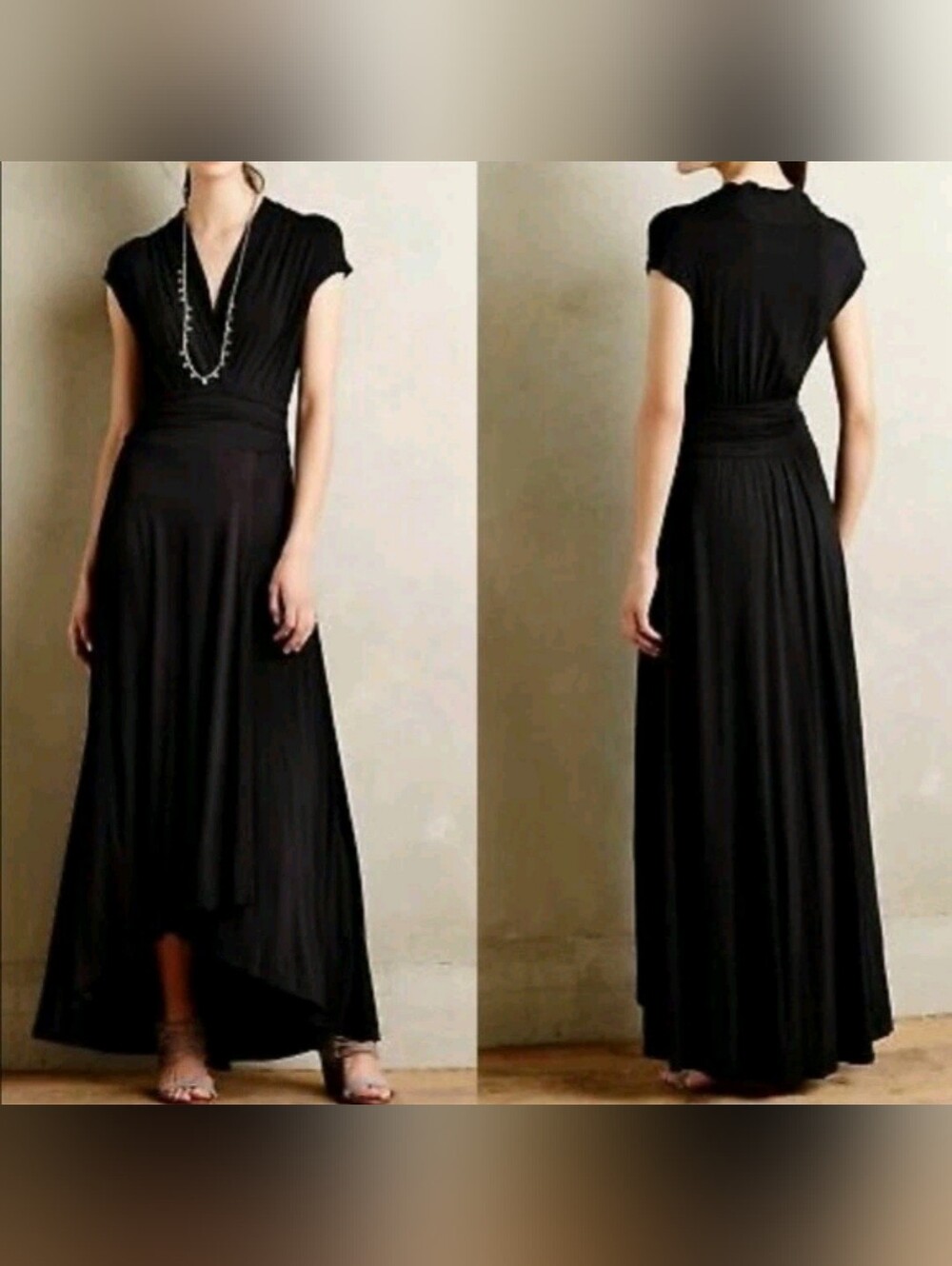 Maeve Black V Neck Short Sleeve Maxi Dress w Slit Front Size Medium  $138